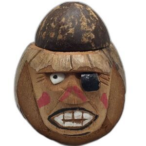 Carved Coconut Head Pirate Bank Seashell Eye Vintage Beach Vacation Kitsch